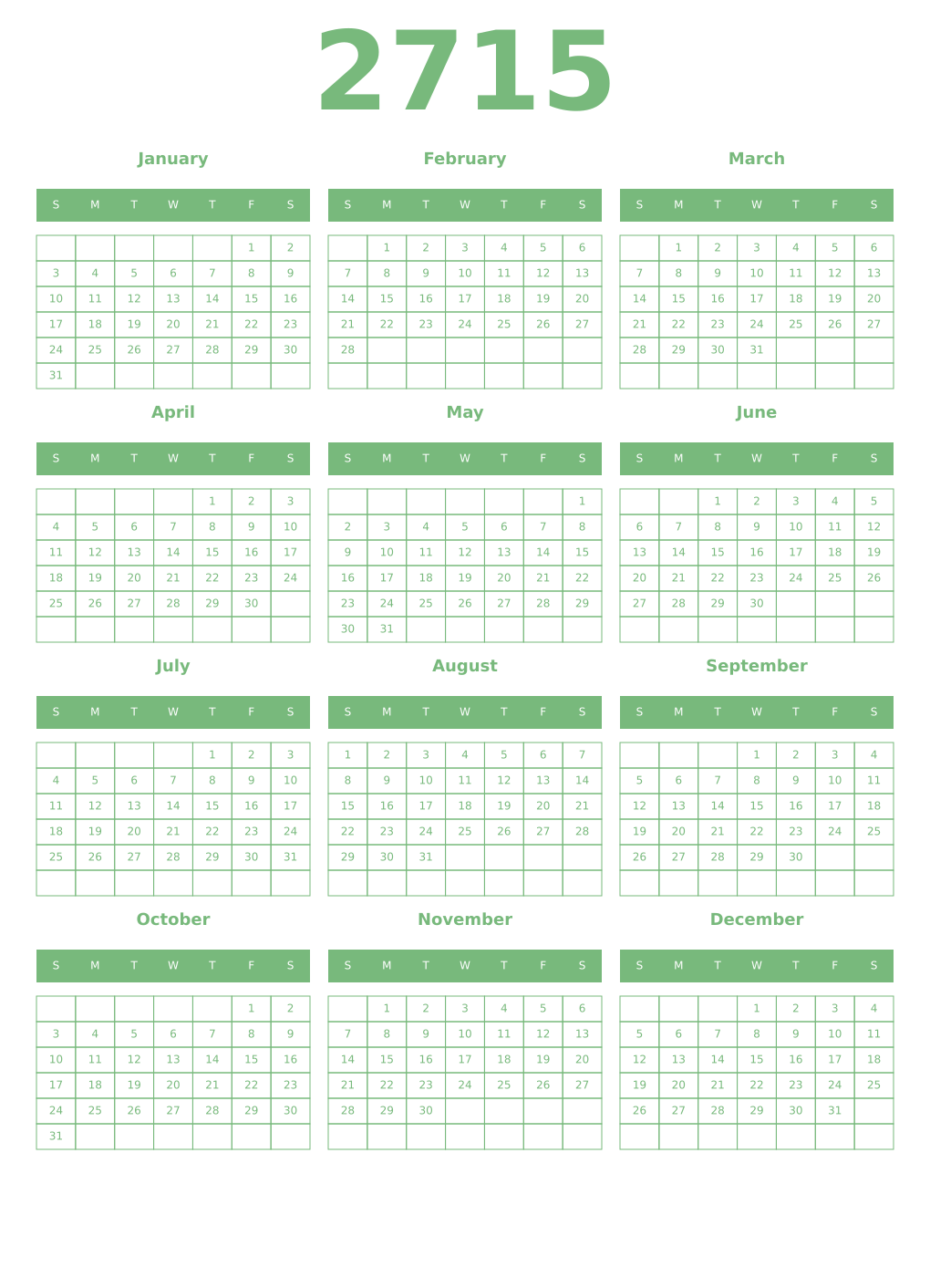Printable 2715 Year Calendars celadon