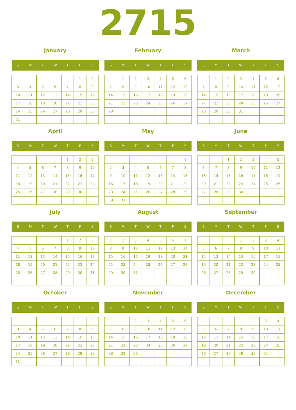 Printable 2715 Year Calendars chartreuse