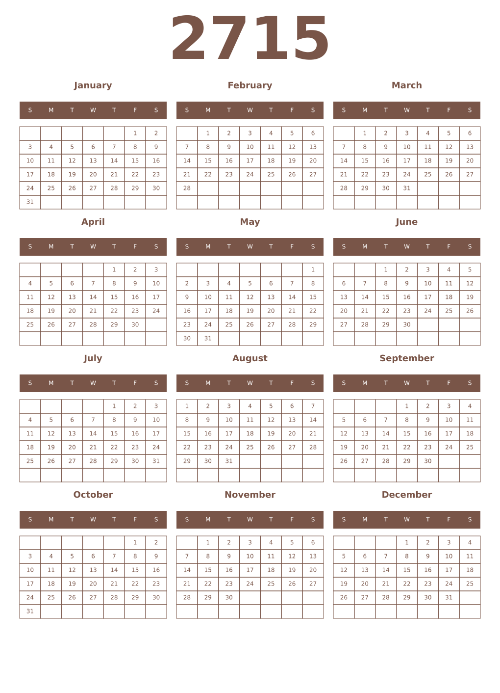 Printable 2715 Year Calendars coffe