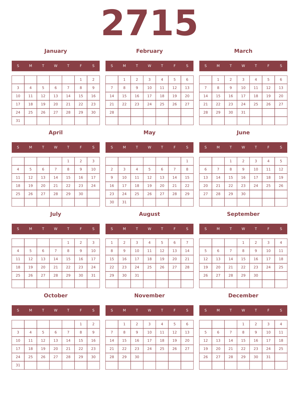 Printable 2715 Year Calendars cordovan