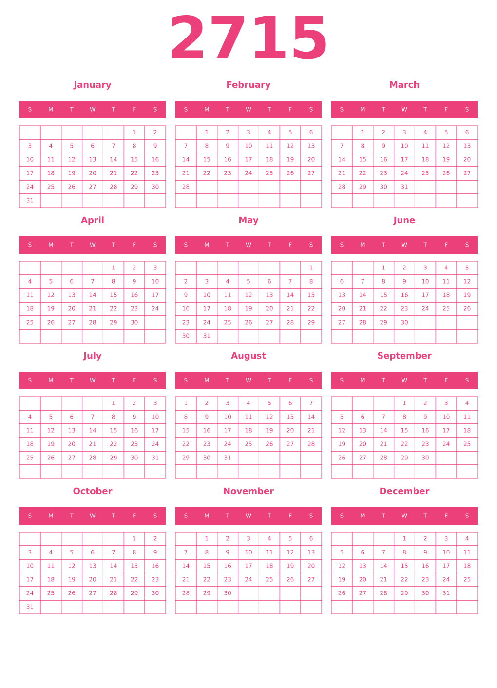 Printable 2715 Year Calendars pink