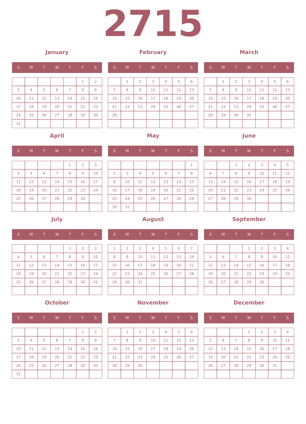 Printable 2715 Year Calendars puce