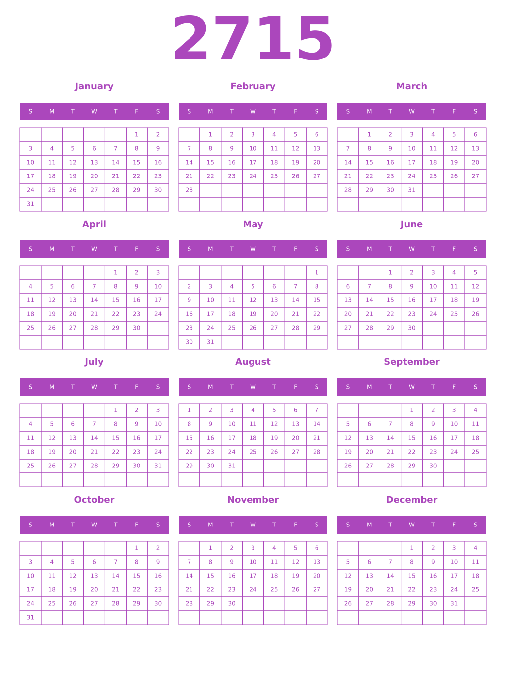 Printable 2715 Year Calendars purple