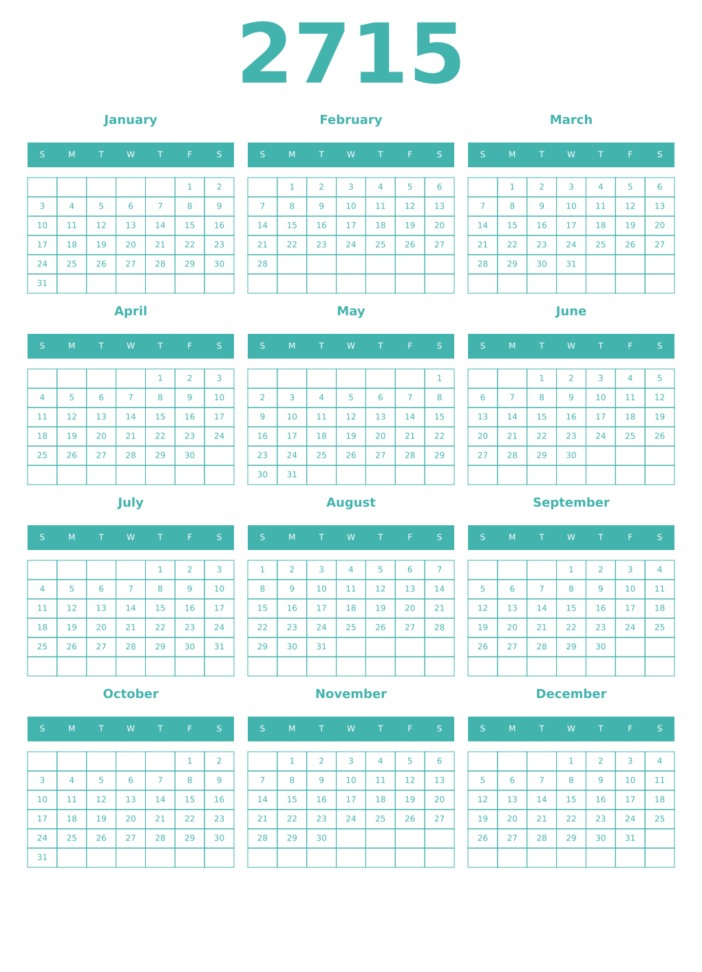 Printable 2715 Year Calendars verdigris