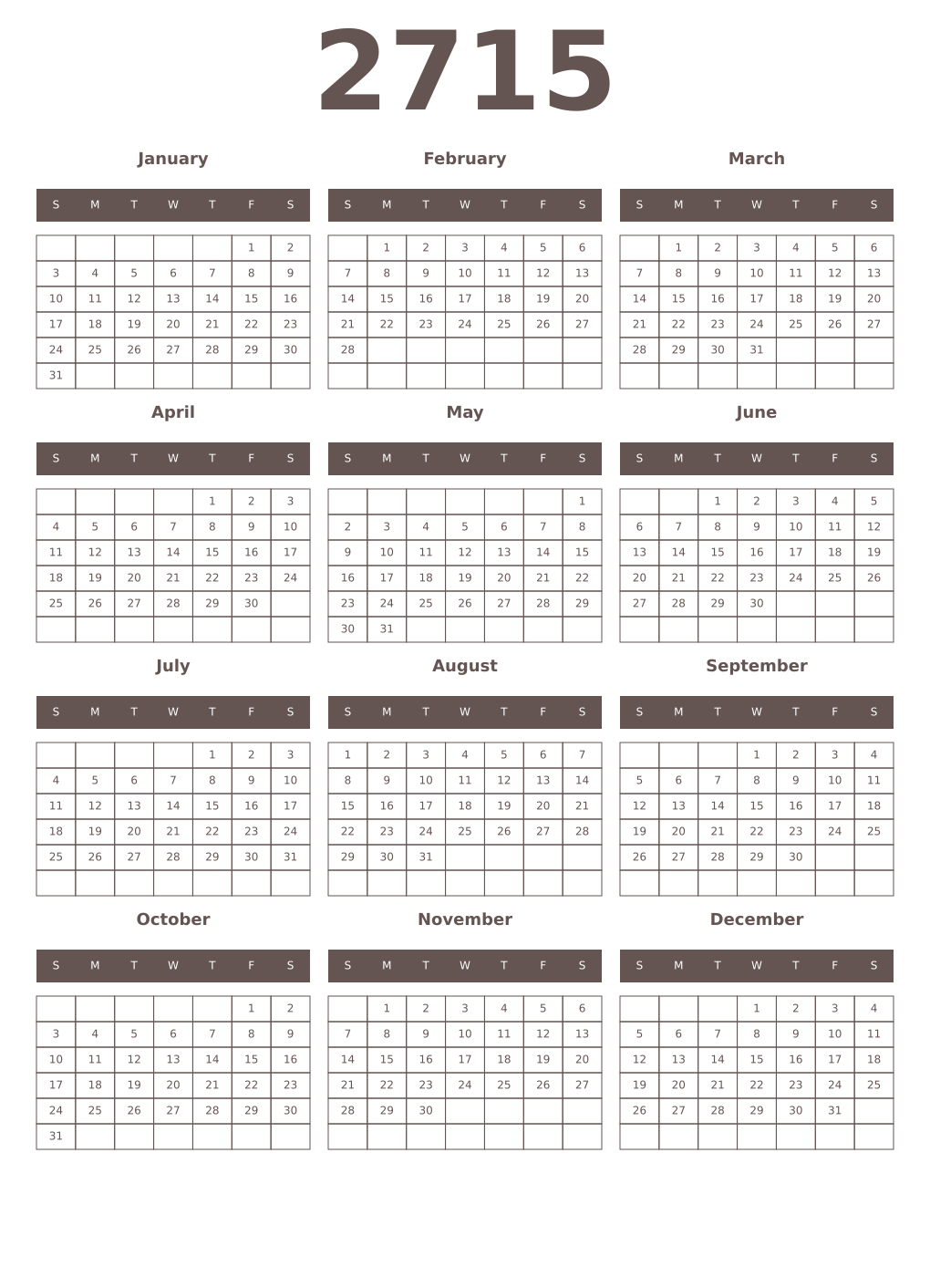 Printable 2715 Year Calendars wenge