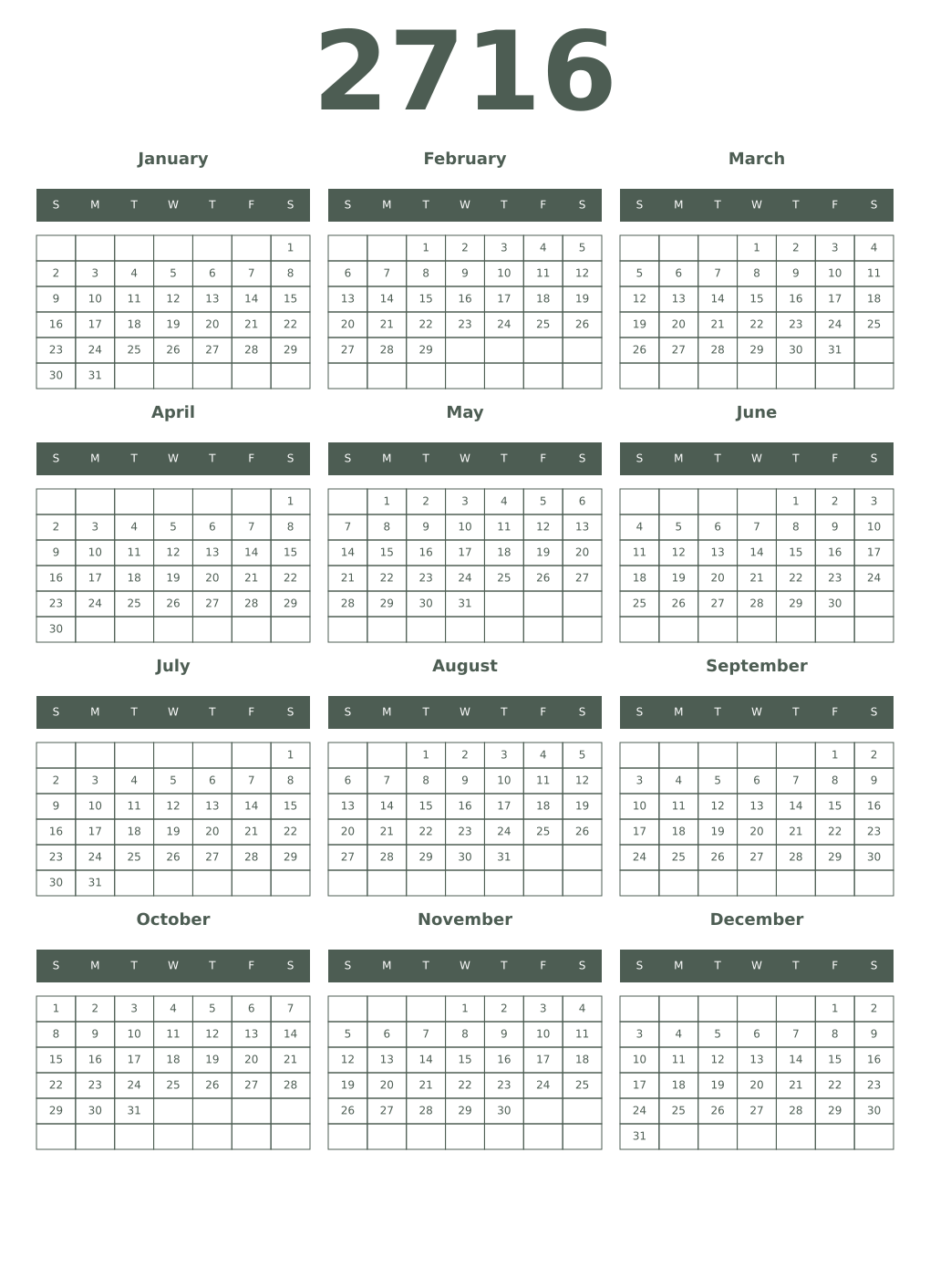 Printable 2716 Year Calendars feldgrau
