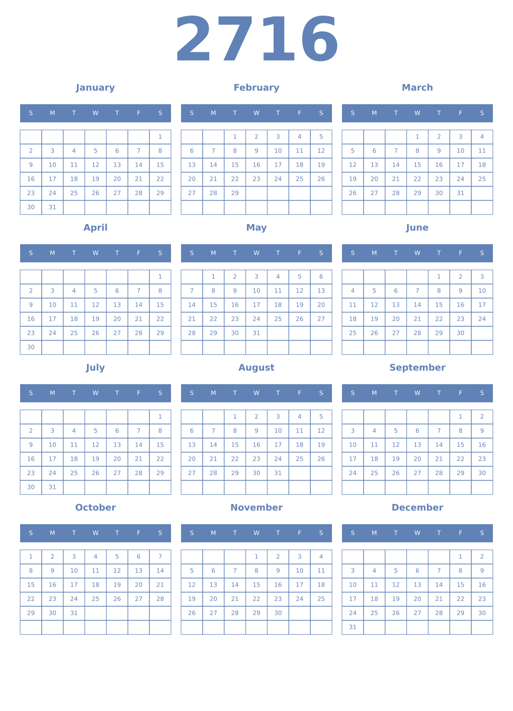 Printable 2716 Year Calendars glaucous