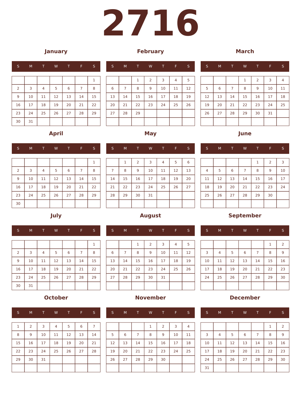 Printable 2716 Year Calendars mortuum