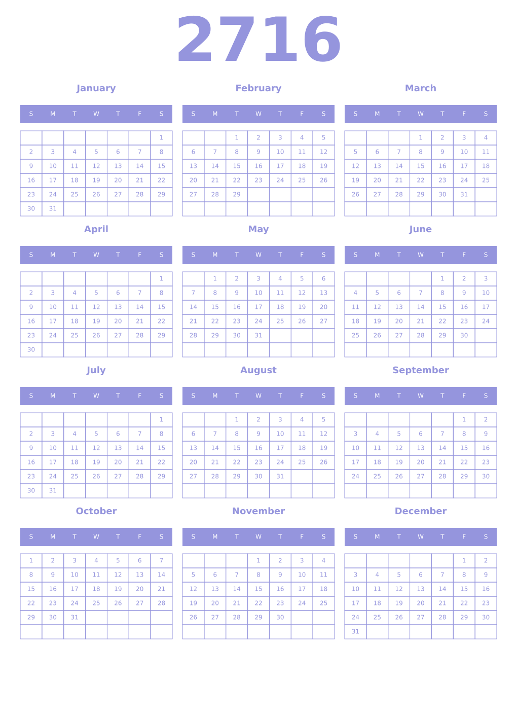 Printable 2716 Year Calendars periwinkle