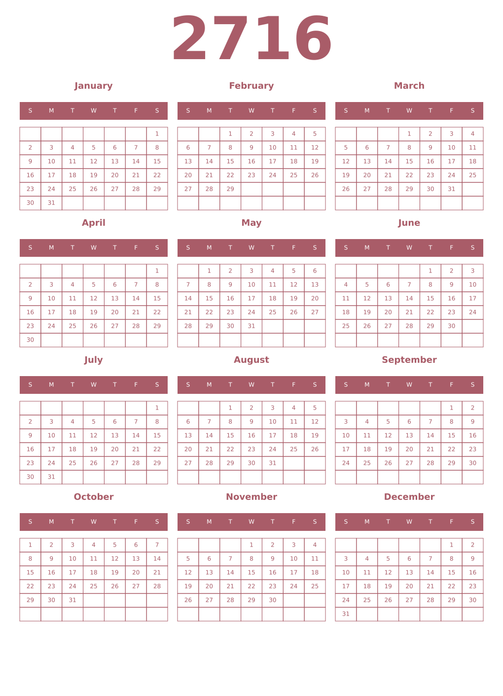 Printable 2716 Year Calendars puce
