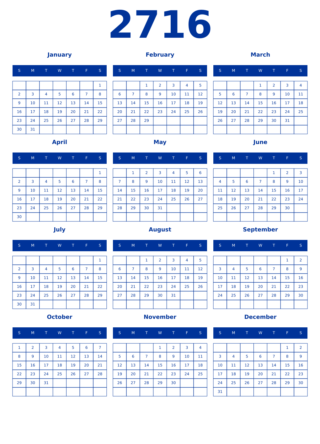 Printable 2716 Year Calendars smalt