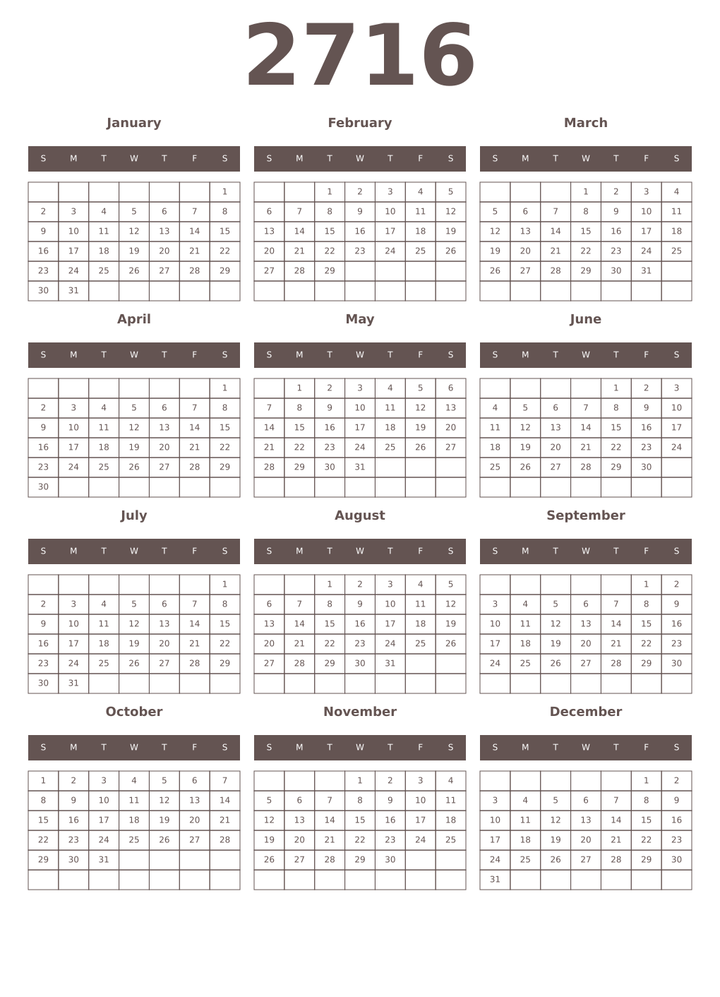 Printable 2716 Year Calendars wenge
