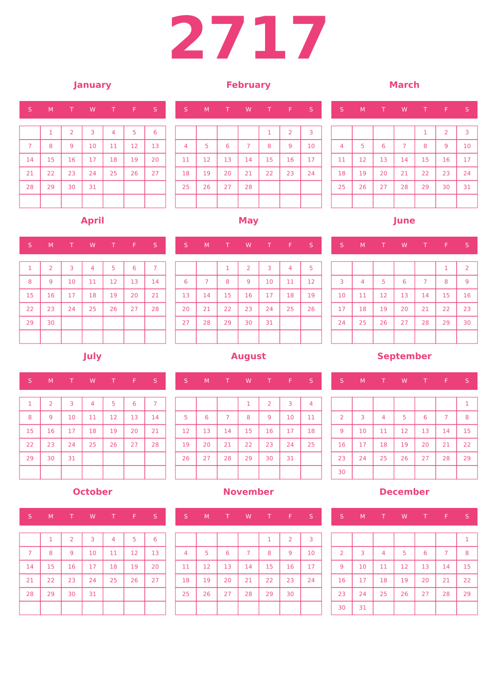 Printable 2717 Year Calendars pink