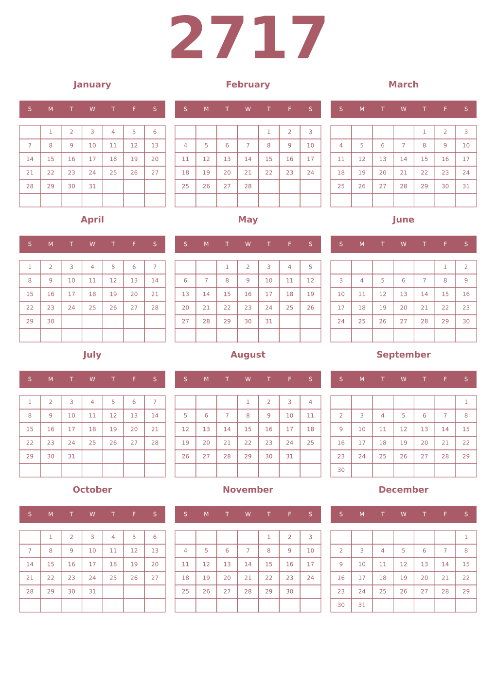 Printable 2717 Year Calendars puce