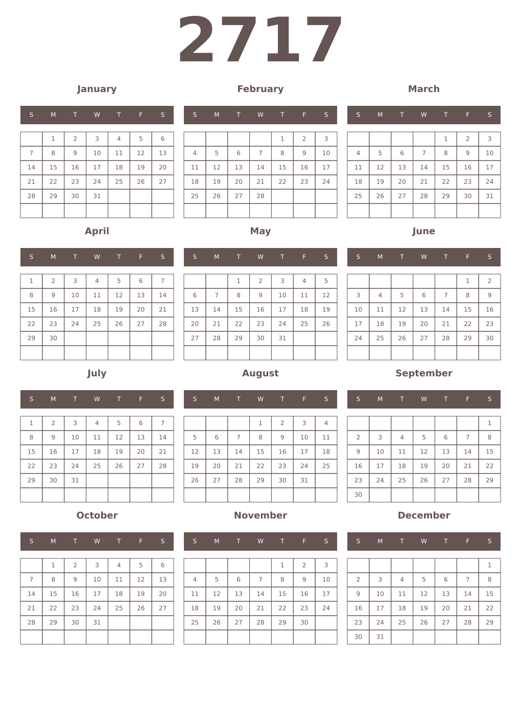 Printable 2717 Year Calendars wenge