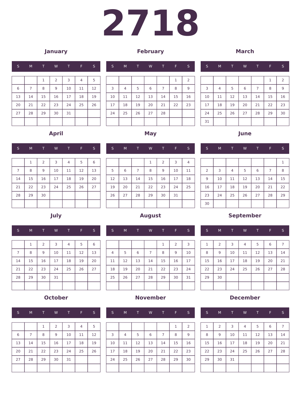 Printable 2718 Year Calendars aubergine