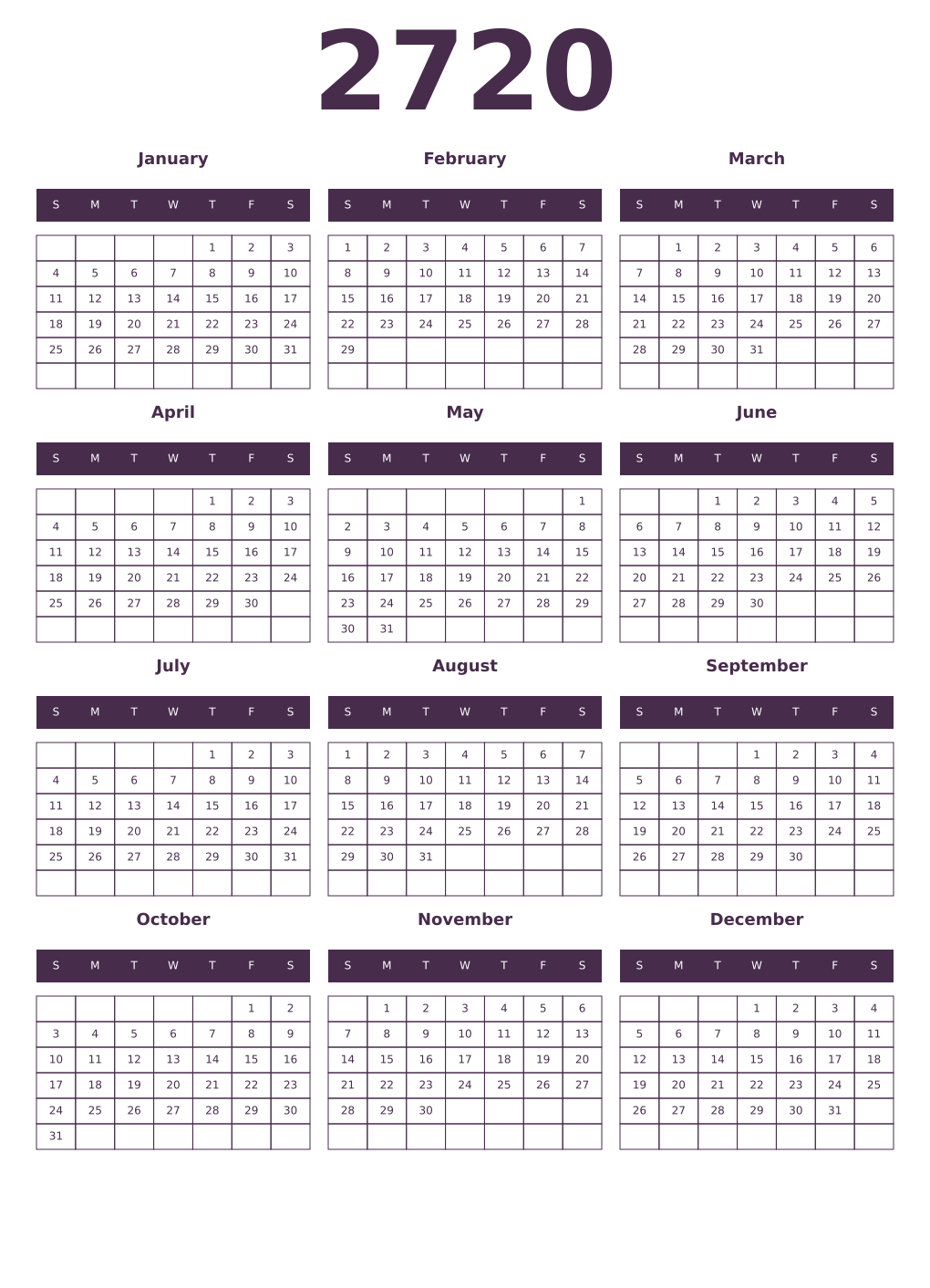 Printable 2720 Year Calendars aubergine