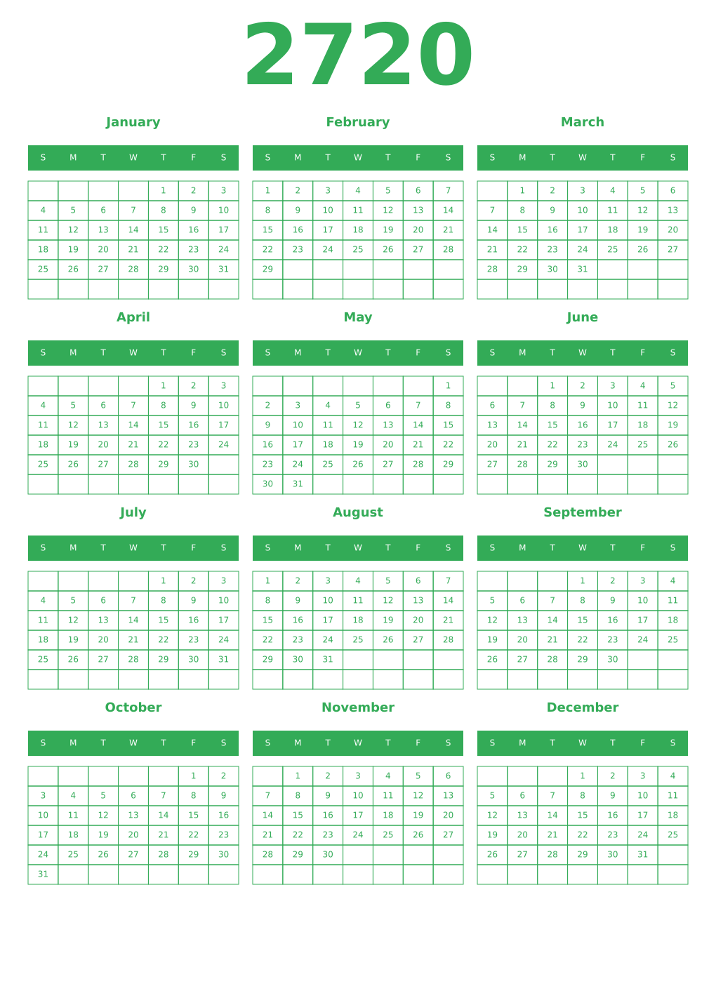 Printable 2720 Year Calendars green