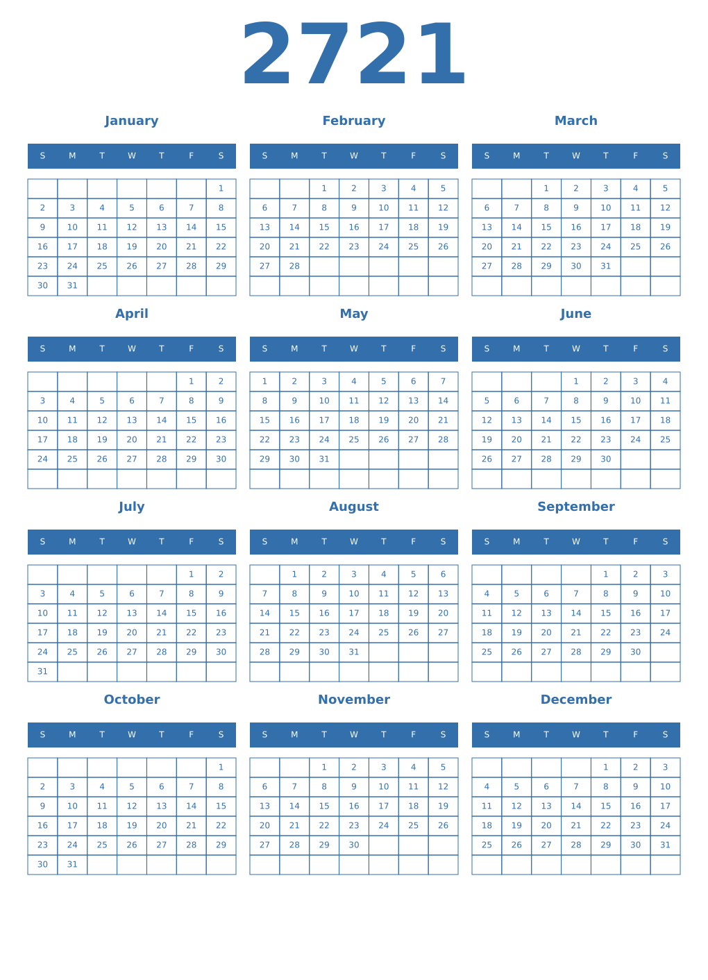Printable 2721 Year Calendars blue