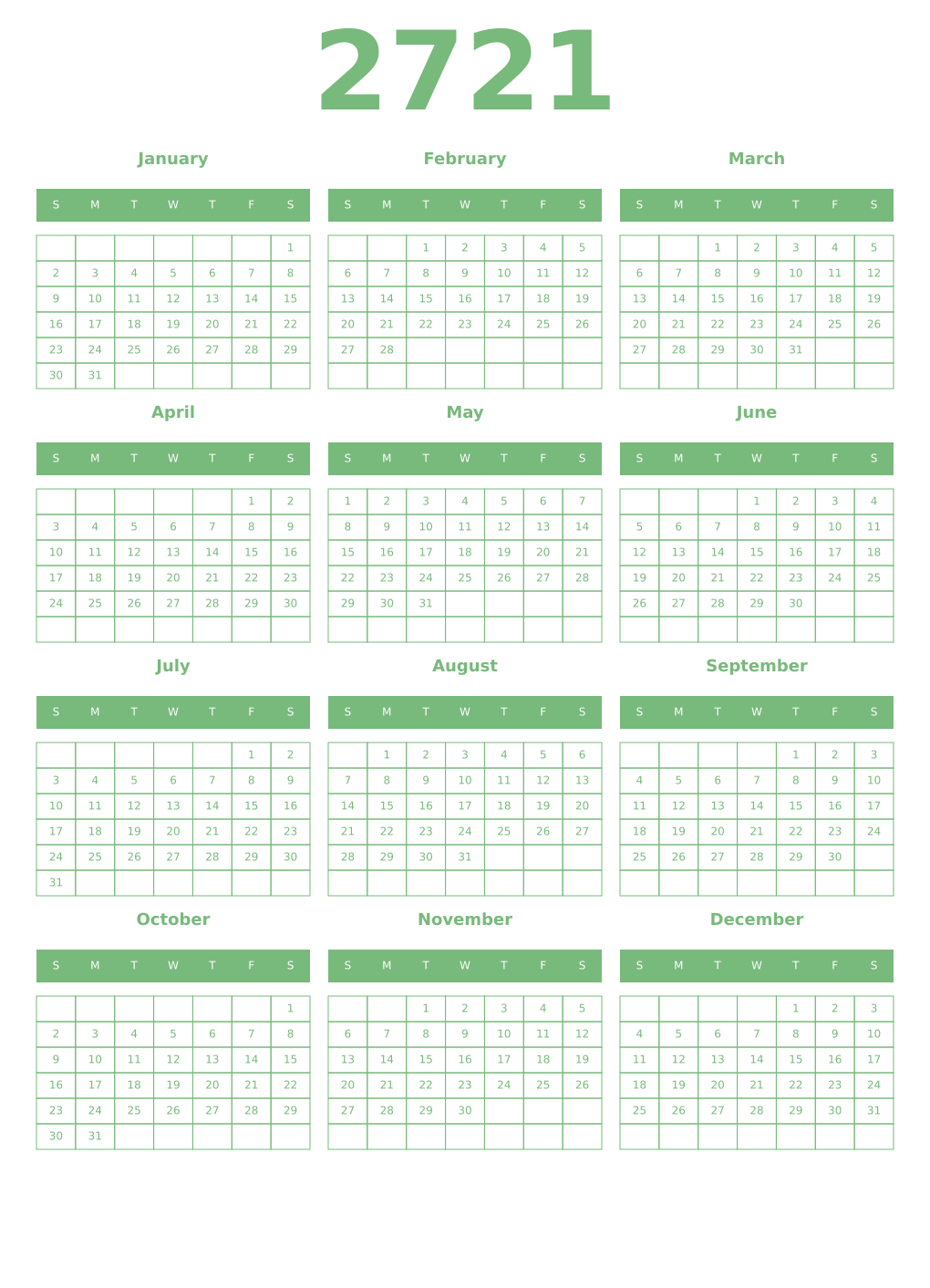 Printable 2721 Year Calendars celadon
