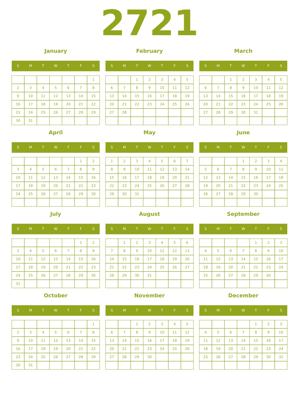 Printable 2721 Year Calendars chartreuse