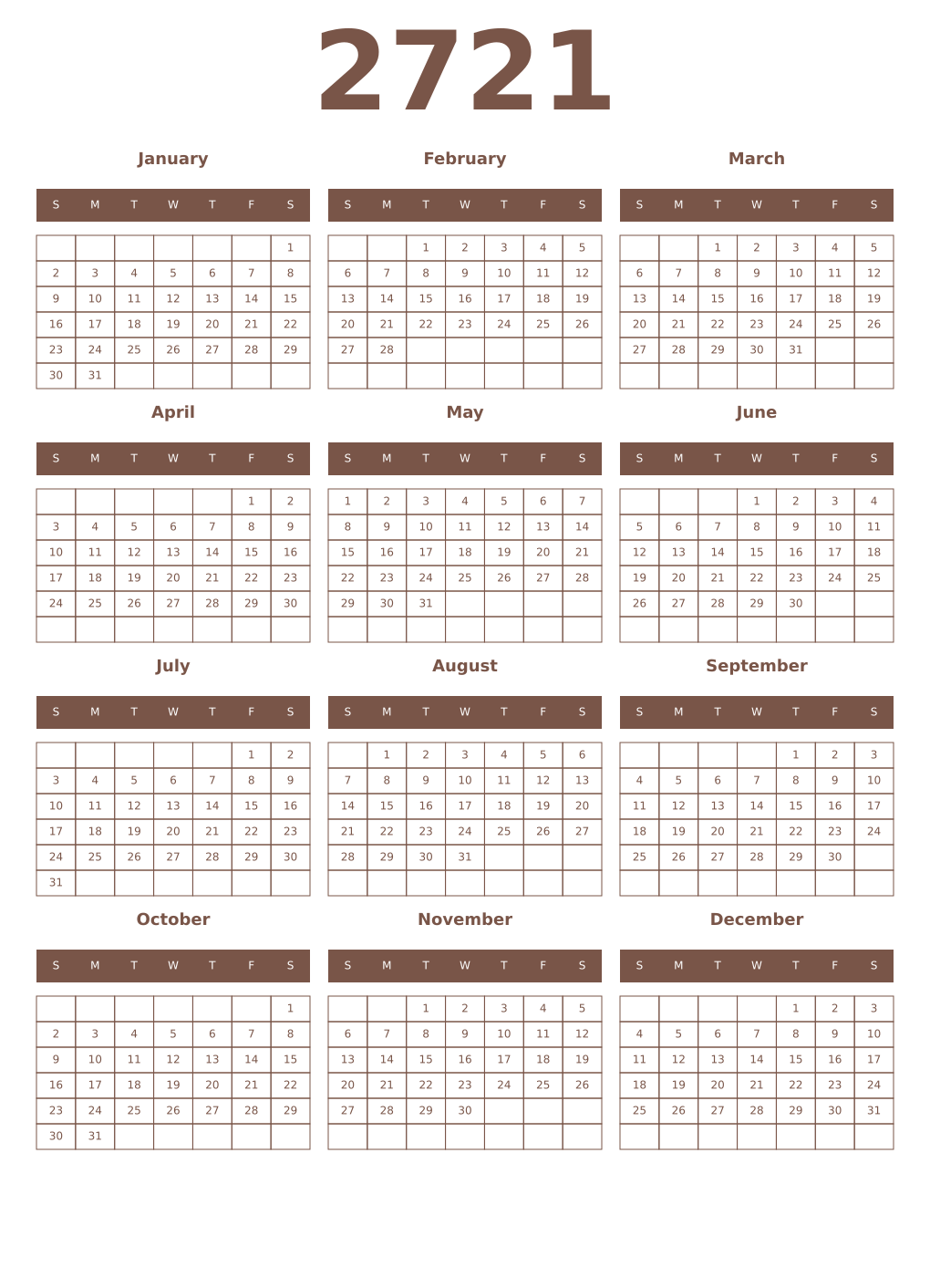 Printable 2721 Year Calendars coffe