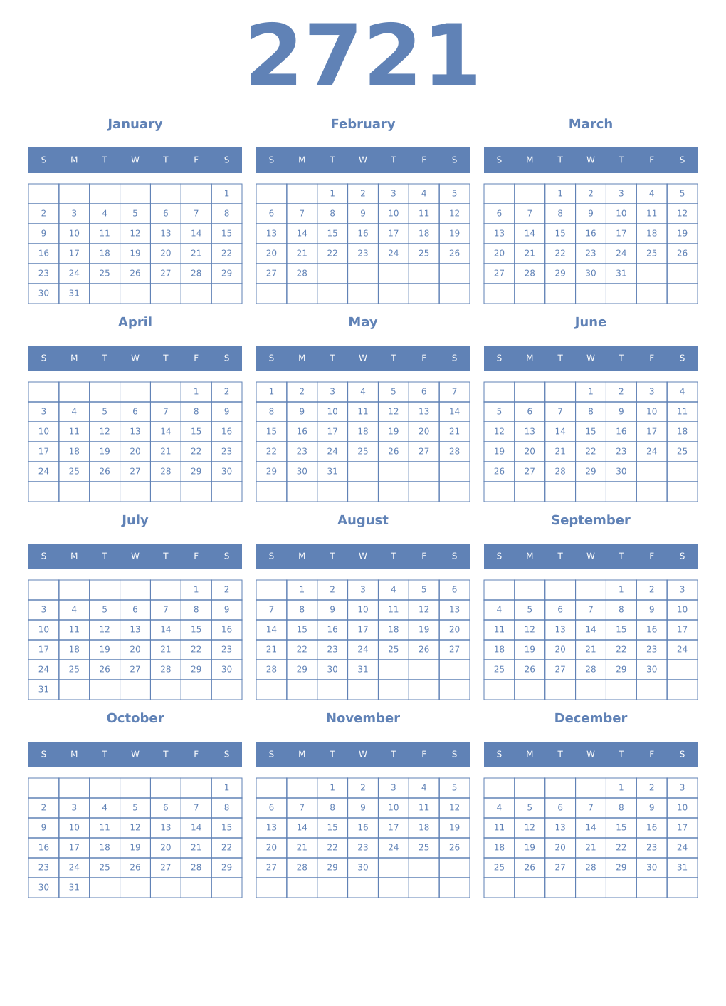 Printable 2721 Year Calendars glaucous