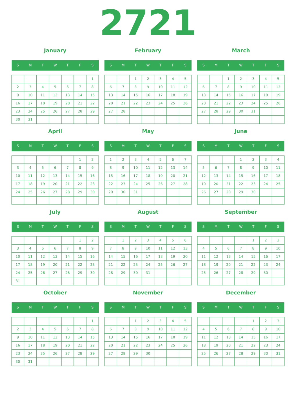 Printable 2721 Year Calendars green
