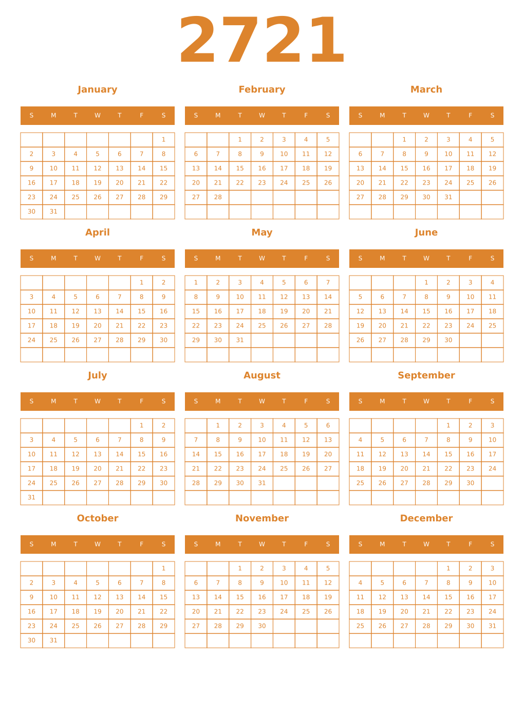 Printable 2721 Year Calendars orange
