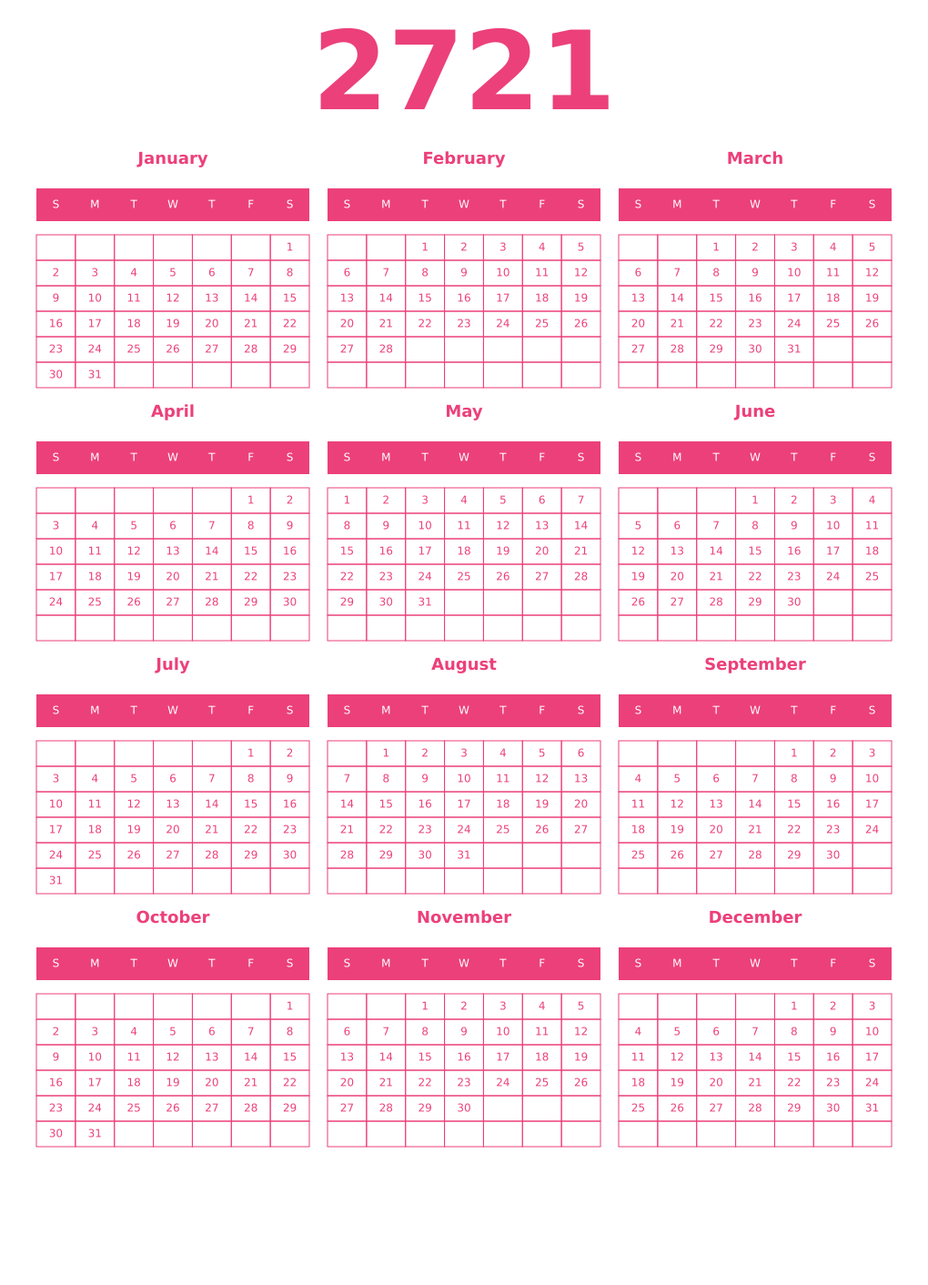 Printable 2721 Year Calendars pink