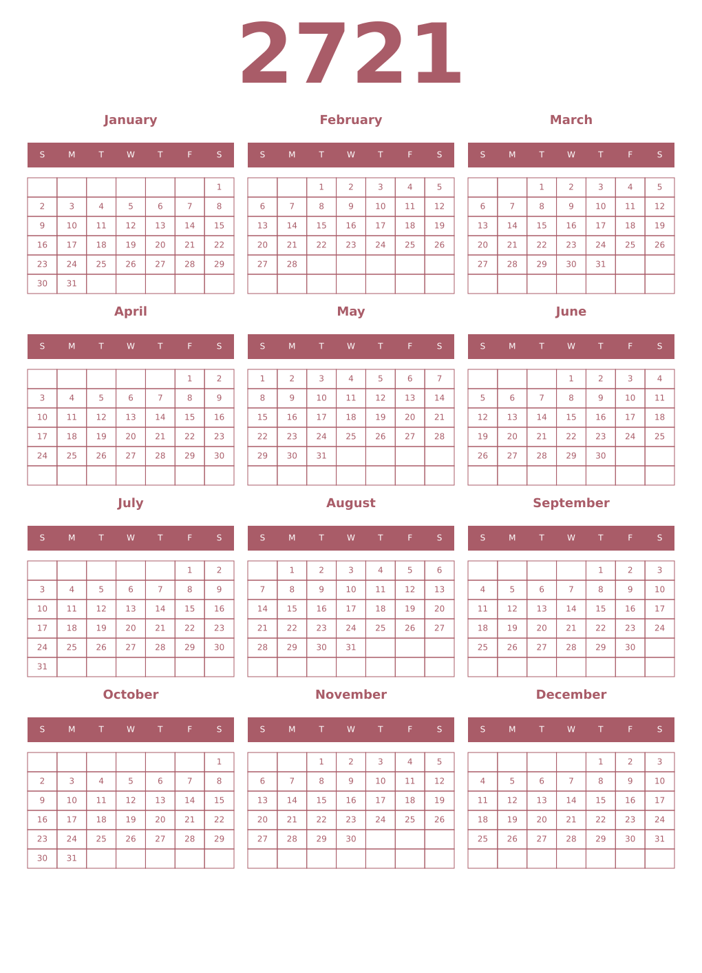 Printable 2721 Year Calendars puce