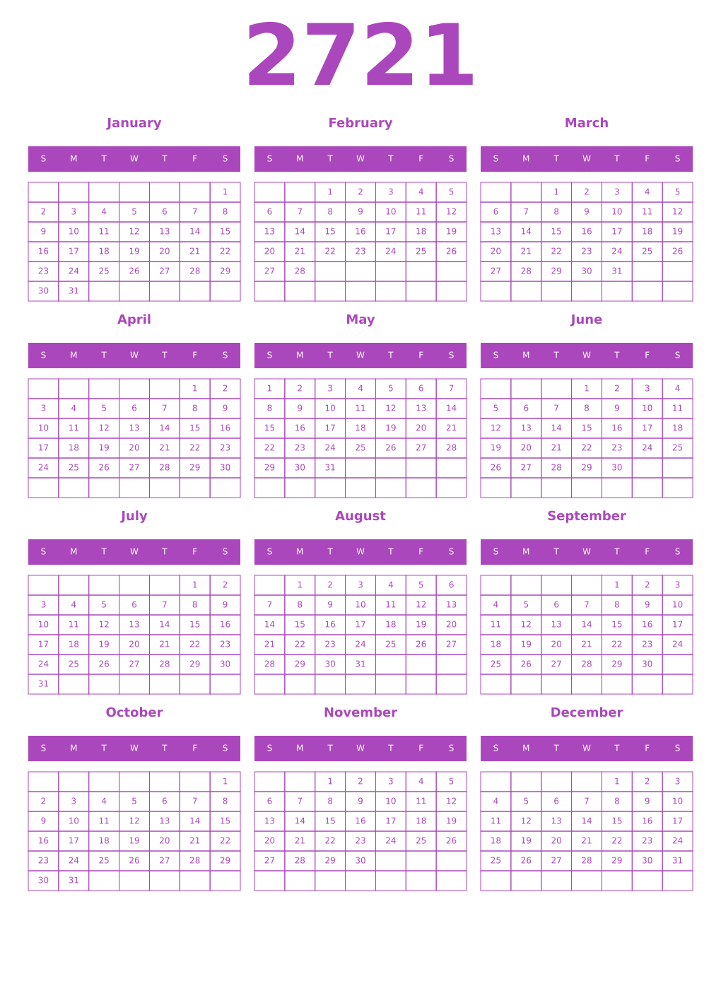 Printable 2721 Year Calendars purple