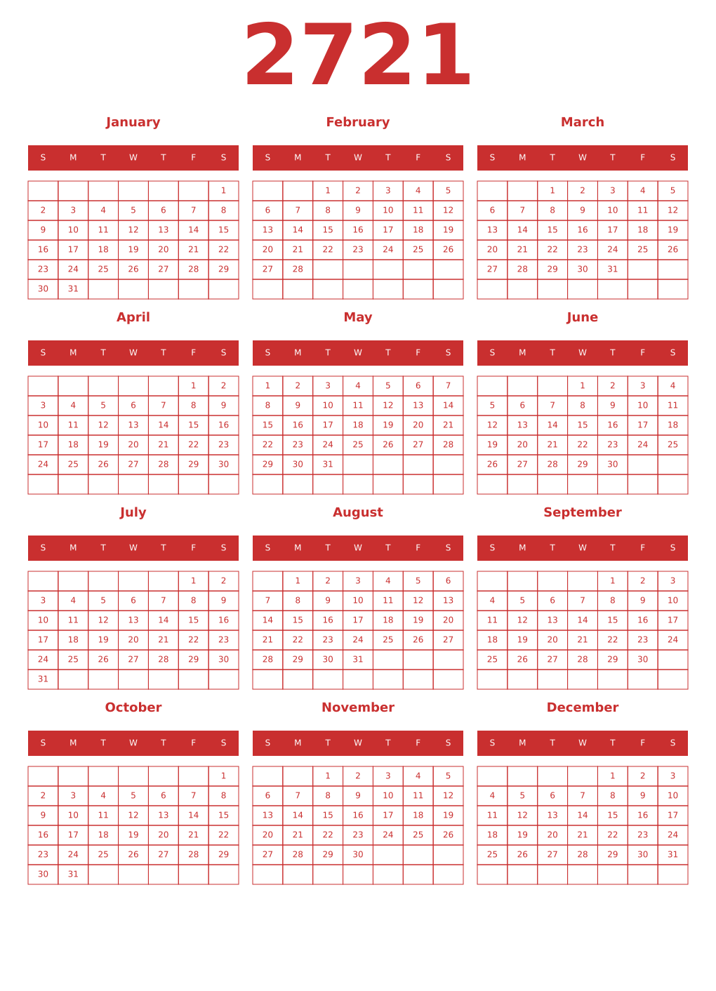 Printable 2721 Year Calendars red