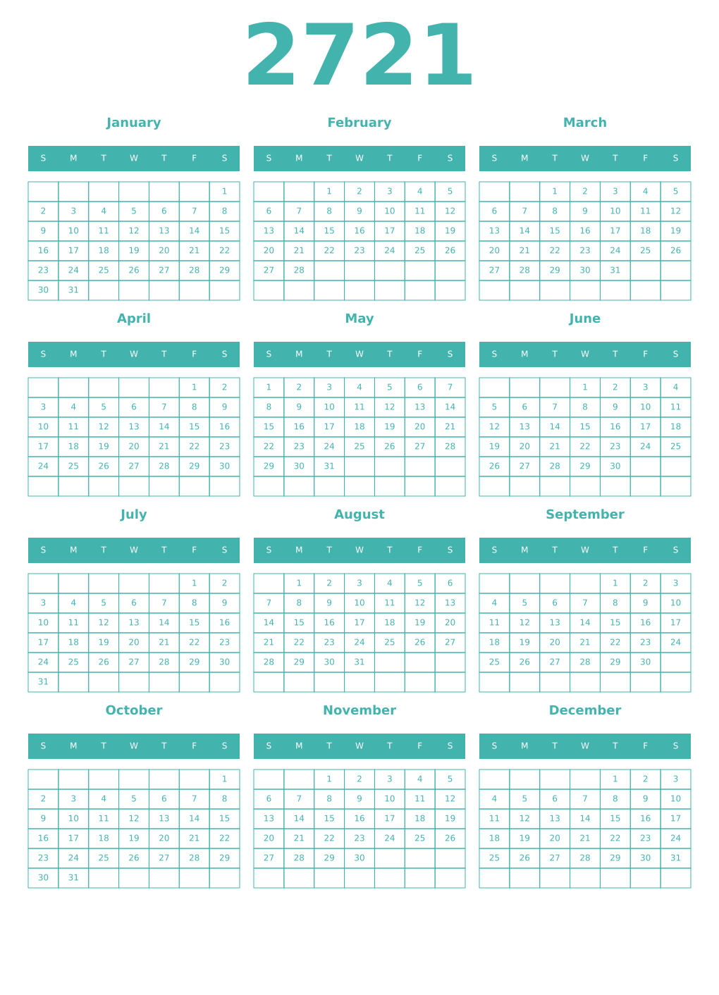 Printable 2721 Year Calendars verdigris