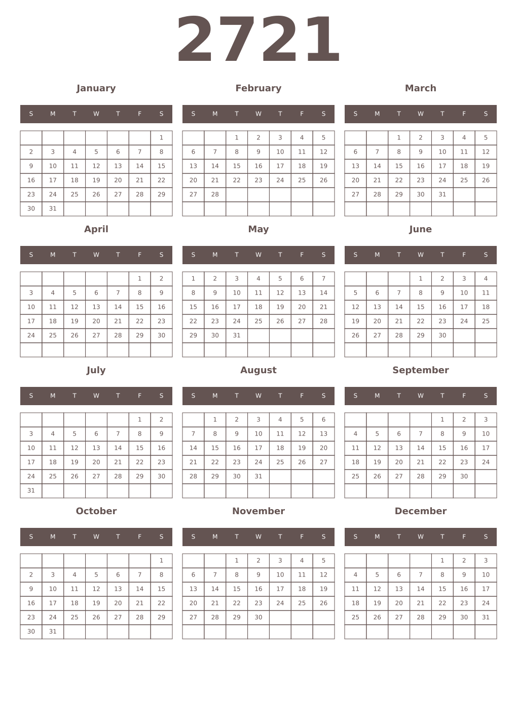 Printable 2721 Year Calendars wenge