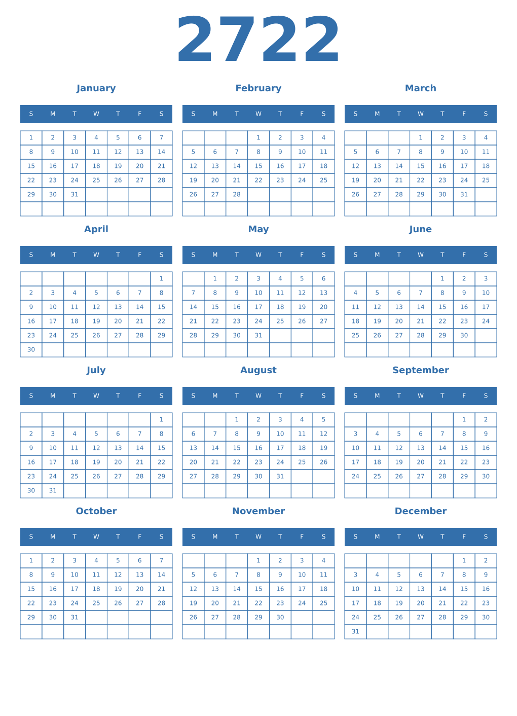 Printable 2722 Year Calendars blue