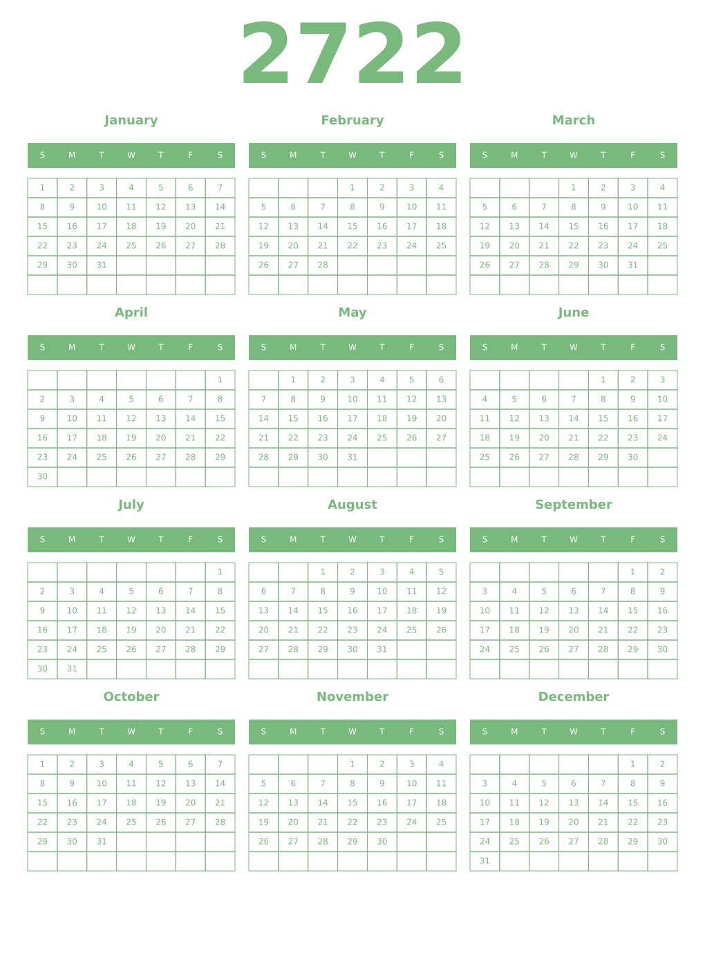 Printable 2722 Year Calendars celadon