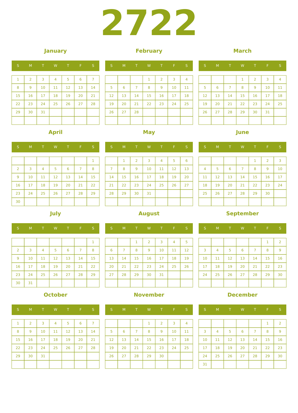 Printable 2722 Year Calendars chartreuse