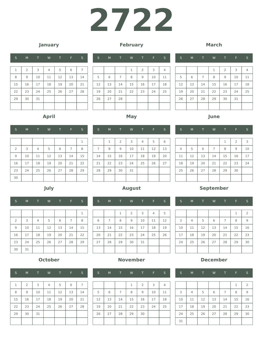 Printable 2722 Year Calendars feldgrau