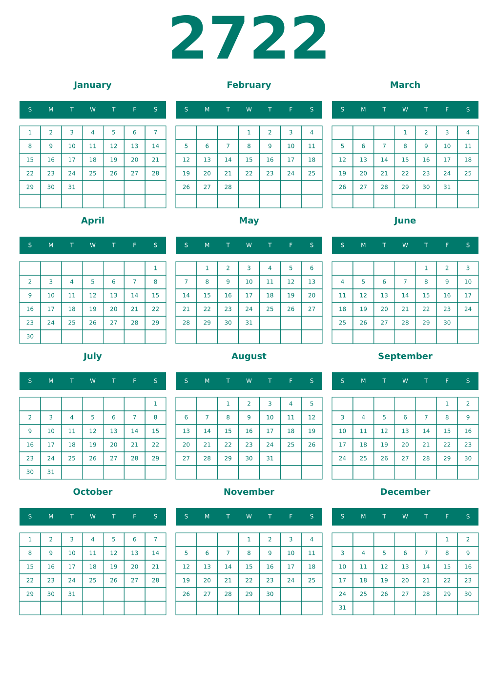 Printable 2722 Year Calendars pastel