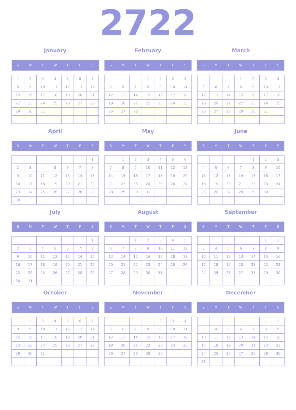 Printable 2722 Year Calendars periwinkle