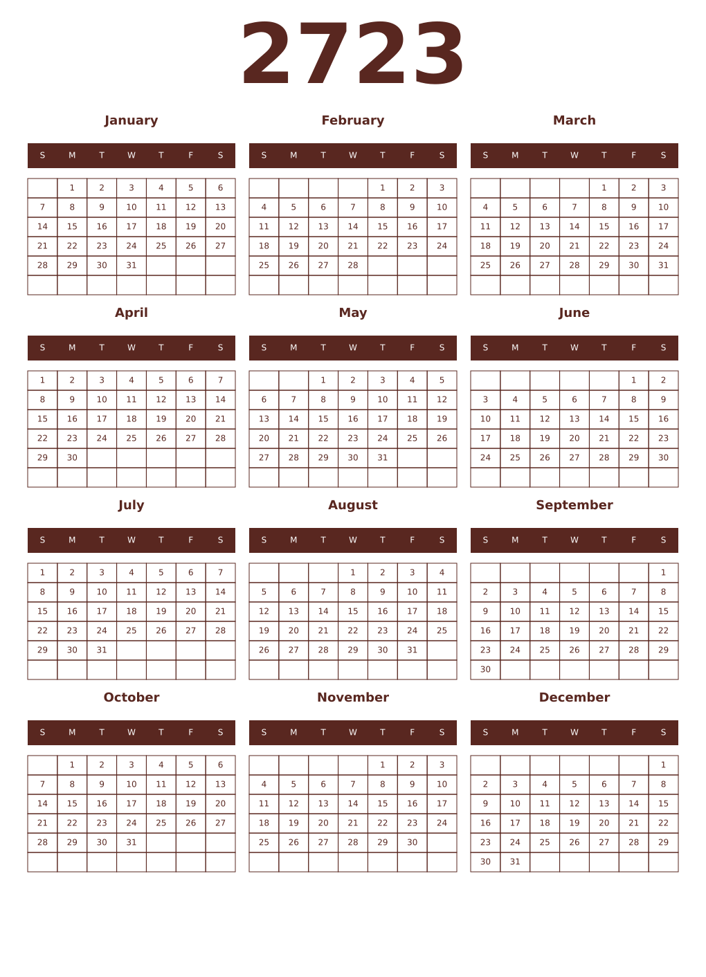 Printable 2723 Year Calendars mortuum