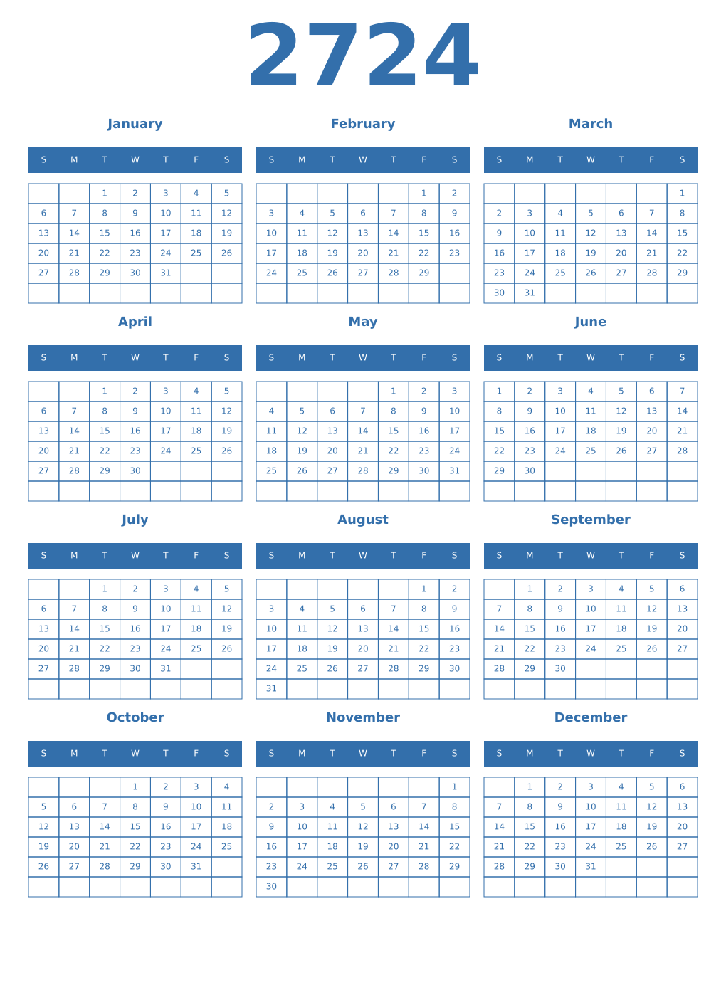 Printable 2724 Year Calendars blue