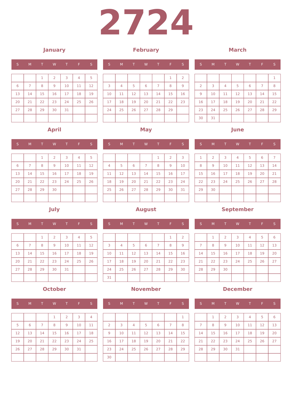 Printable 2724 Year Calendars puce