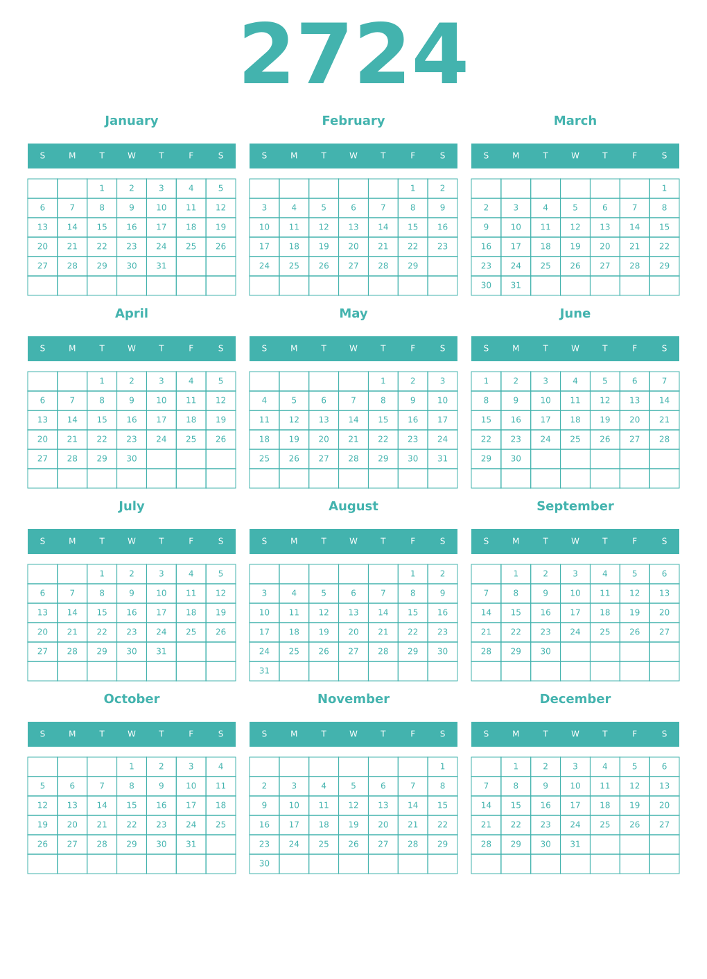 Printable 2724 Year Calendars verdigris