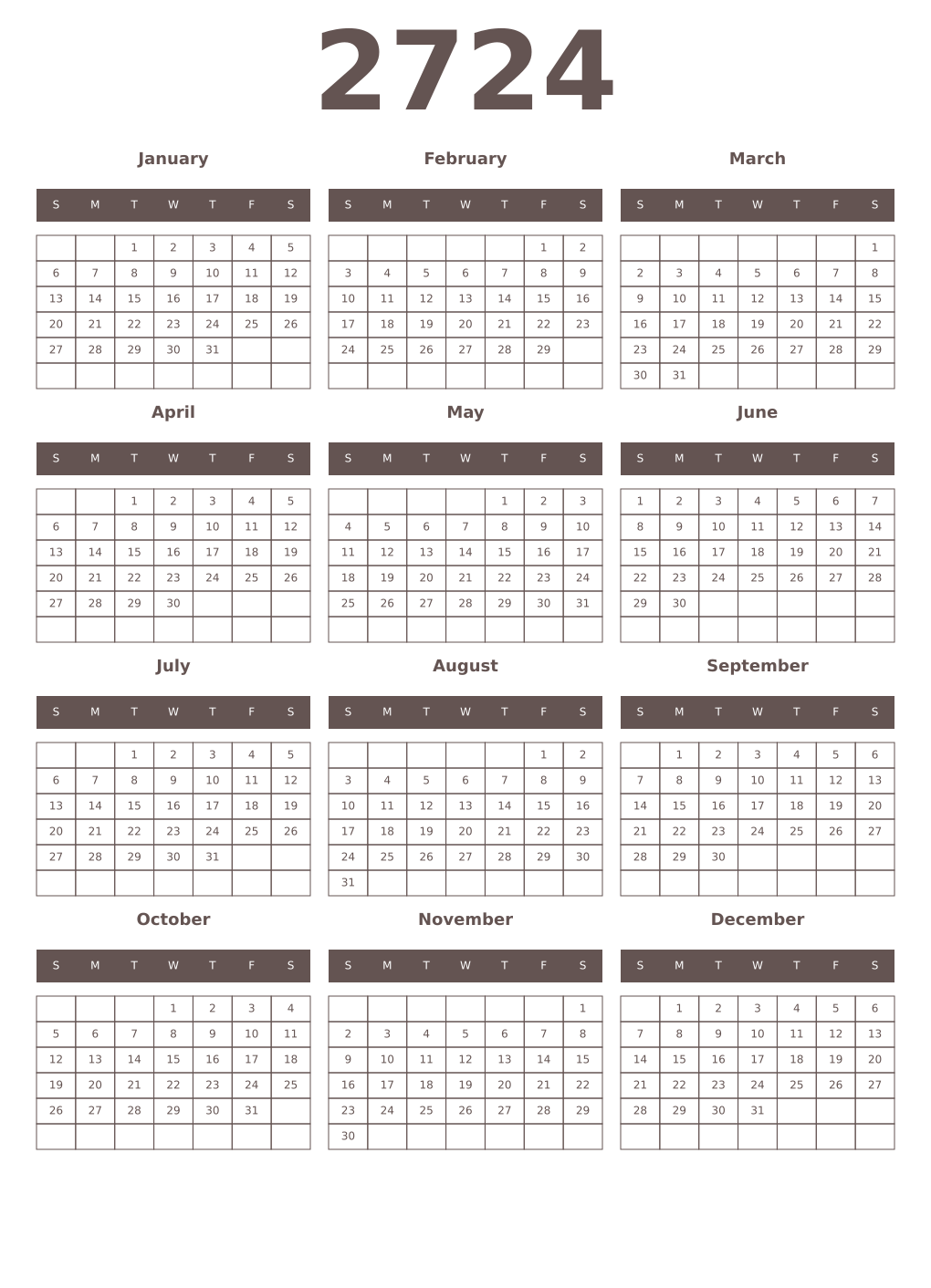 Printable 2724 Year Calendars wenge