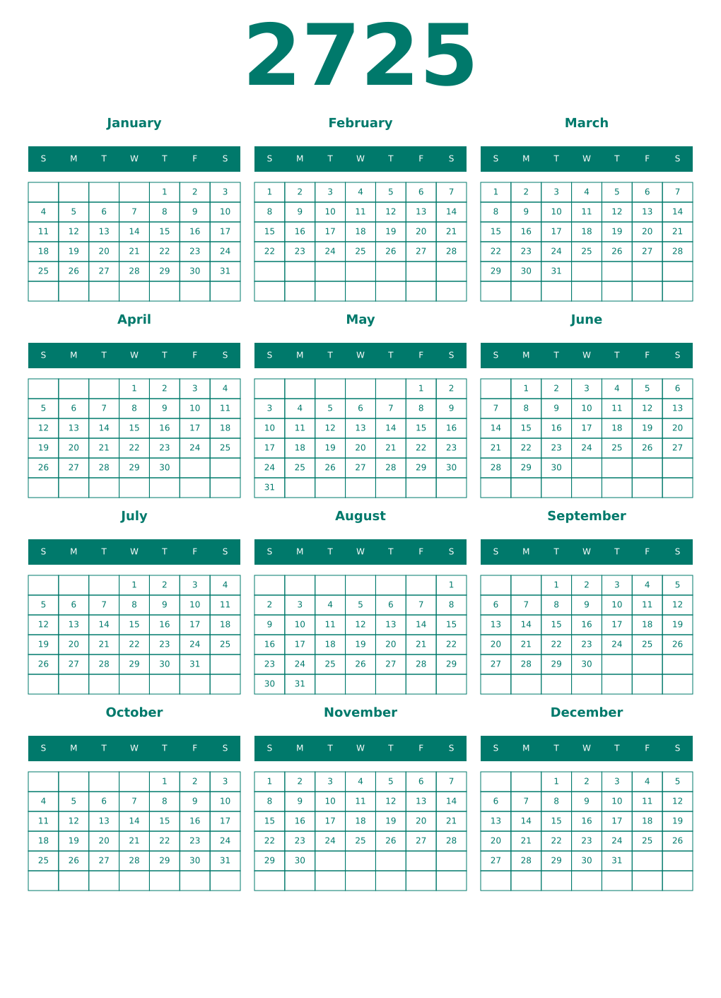Printable 2725 Year Calendars pastel