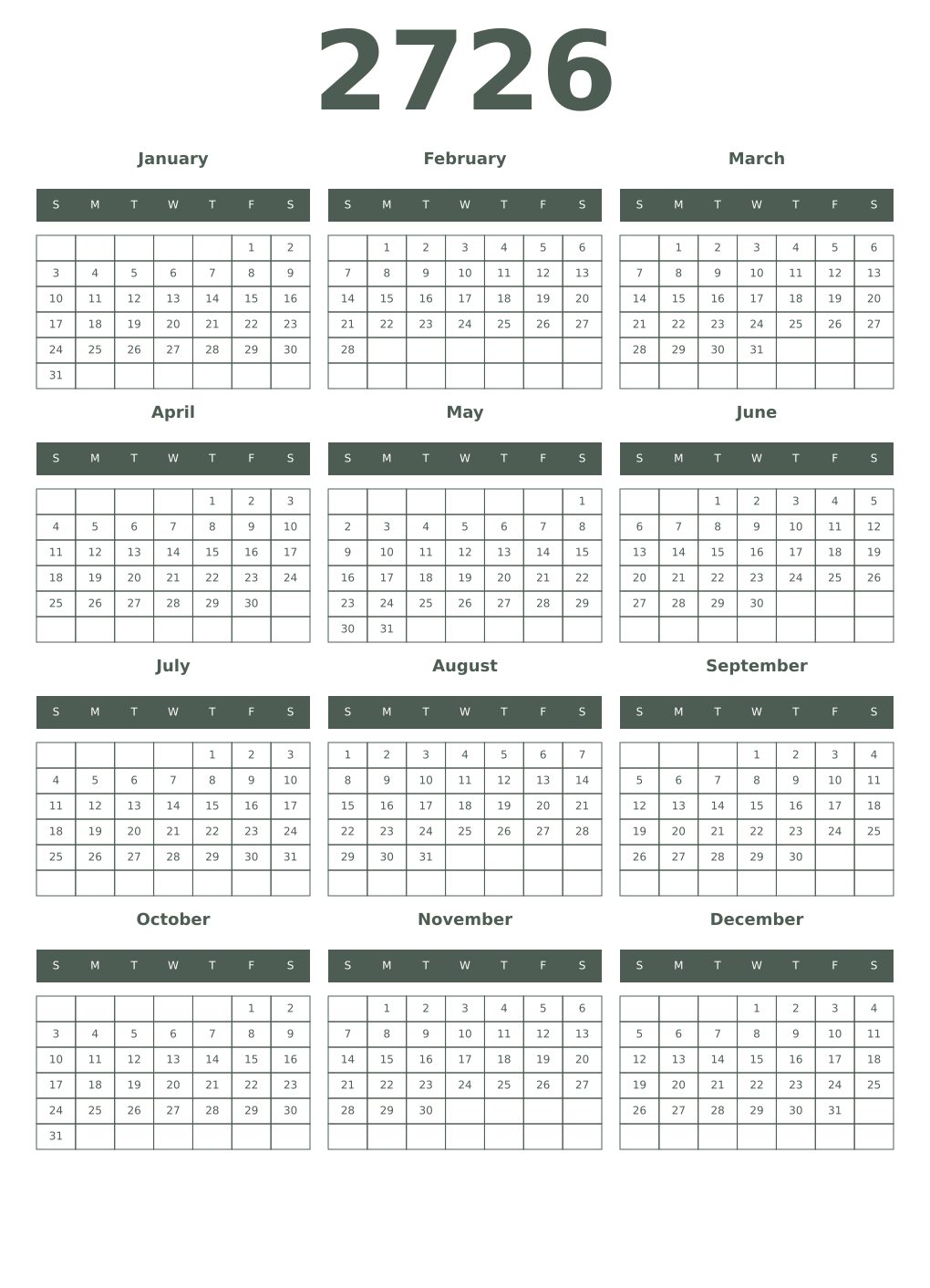 Printable 2726 Year Calendars feldgrau
