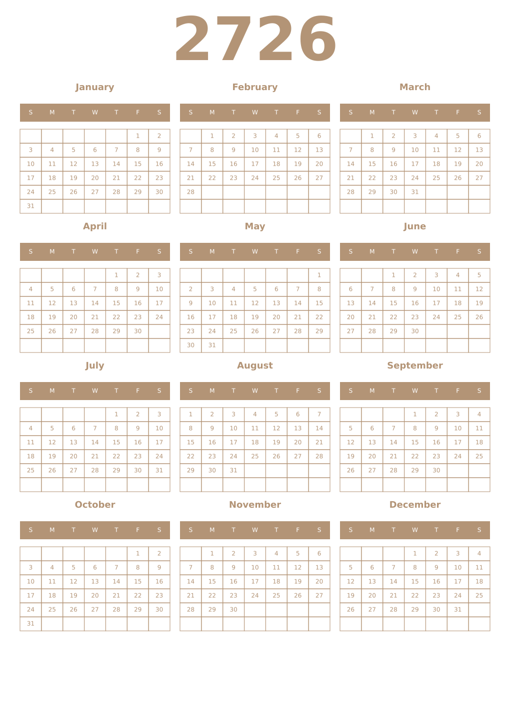 Printable 2726 Year Calendars isabelline