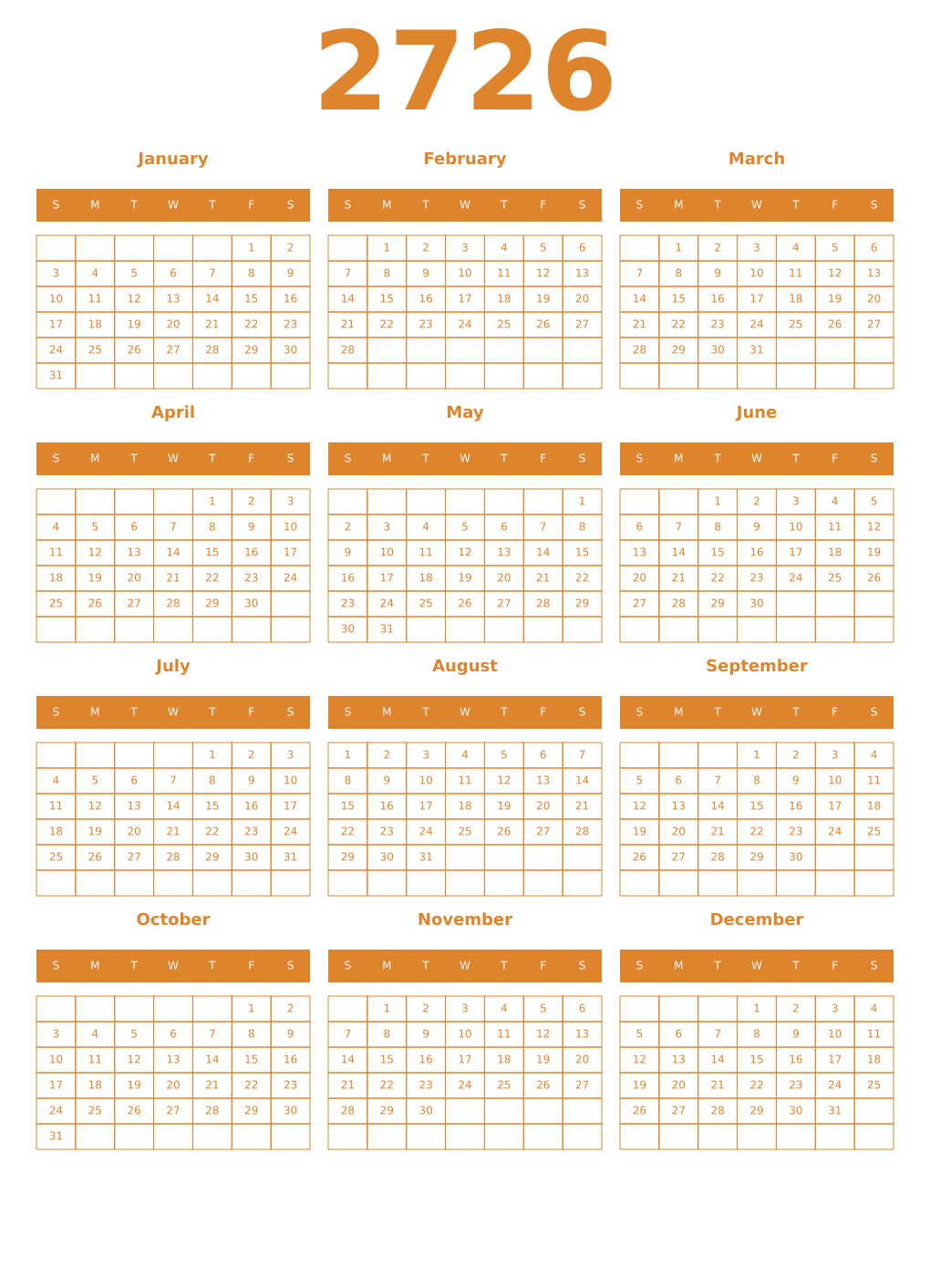 Printable 2726 Year Calendars orange